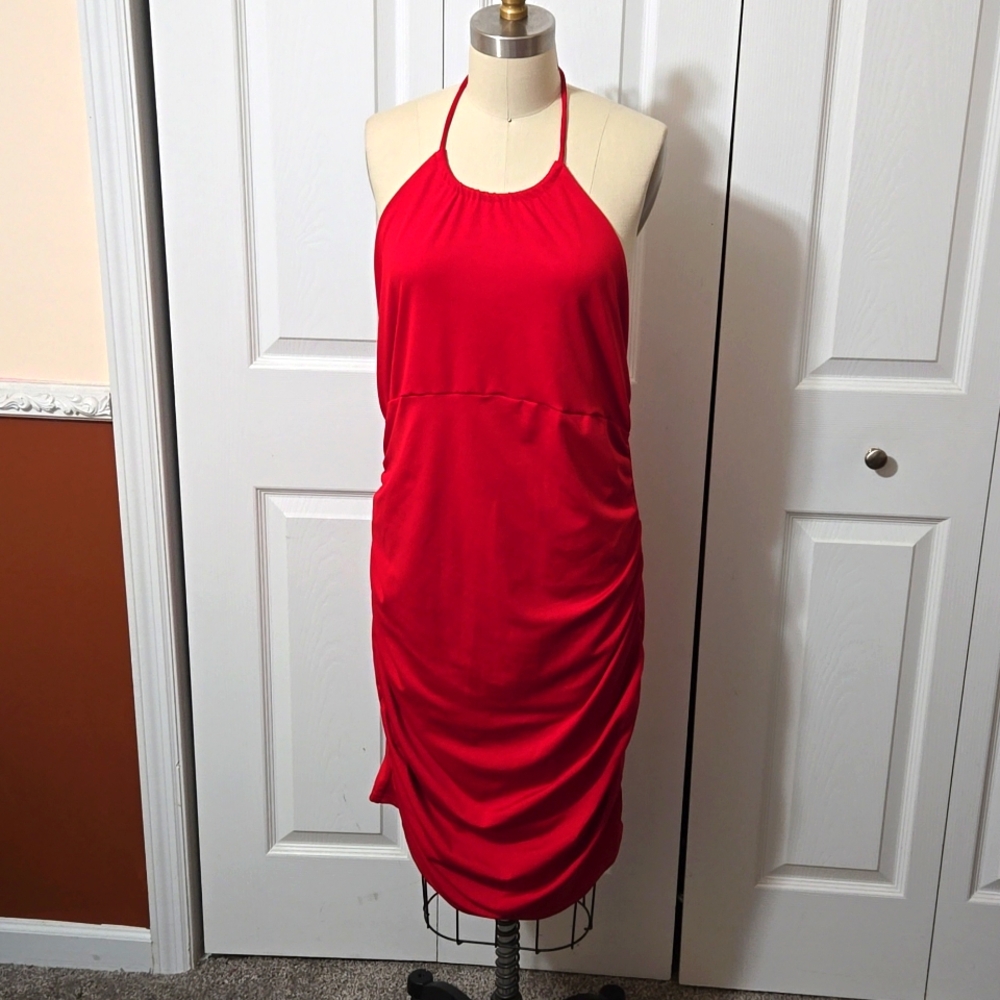 Red Ruched Halter Dress, Sleeveless, Size XL, Stretch Fabric, Like New
